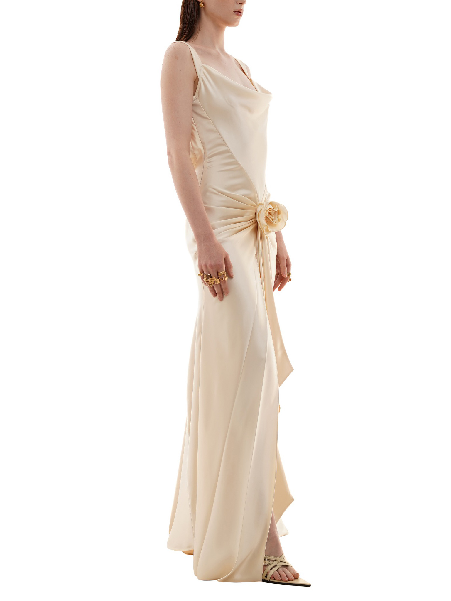 Elegant Floral Embellished Satin Draped Maxi Dress
