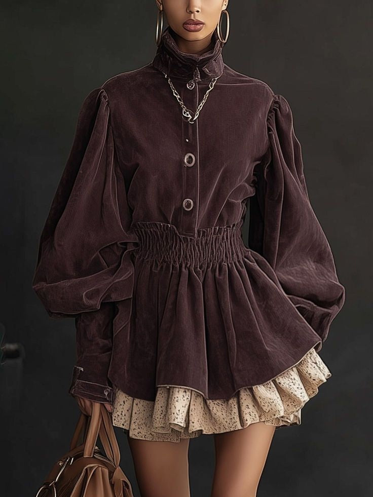 Elegant High-neck Puff Sleeve Corduroy Mini Dress