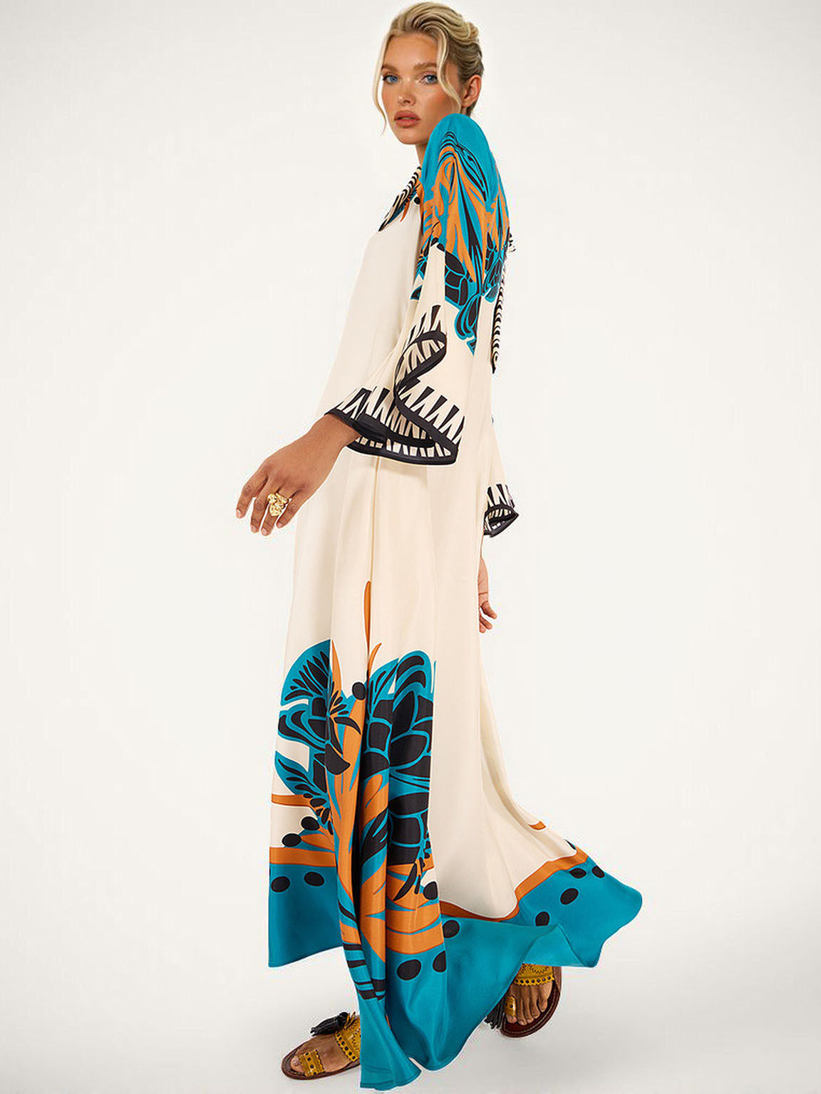 Exquisite Satin Vintage Floral Print Flowing Maxi Dress