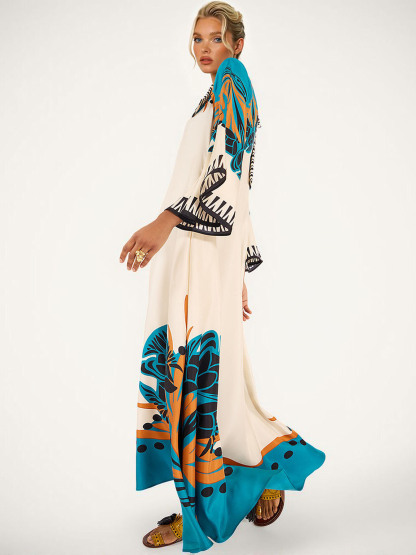 Exquisite Satin Vintage Floral Print Flowing Maxi Dress