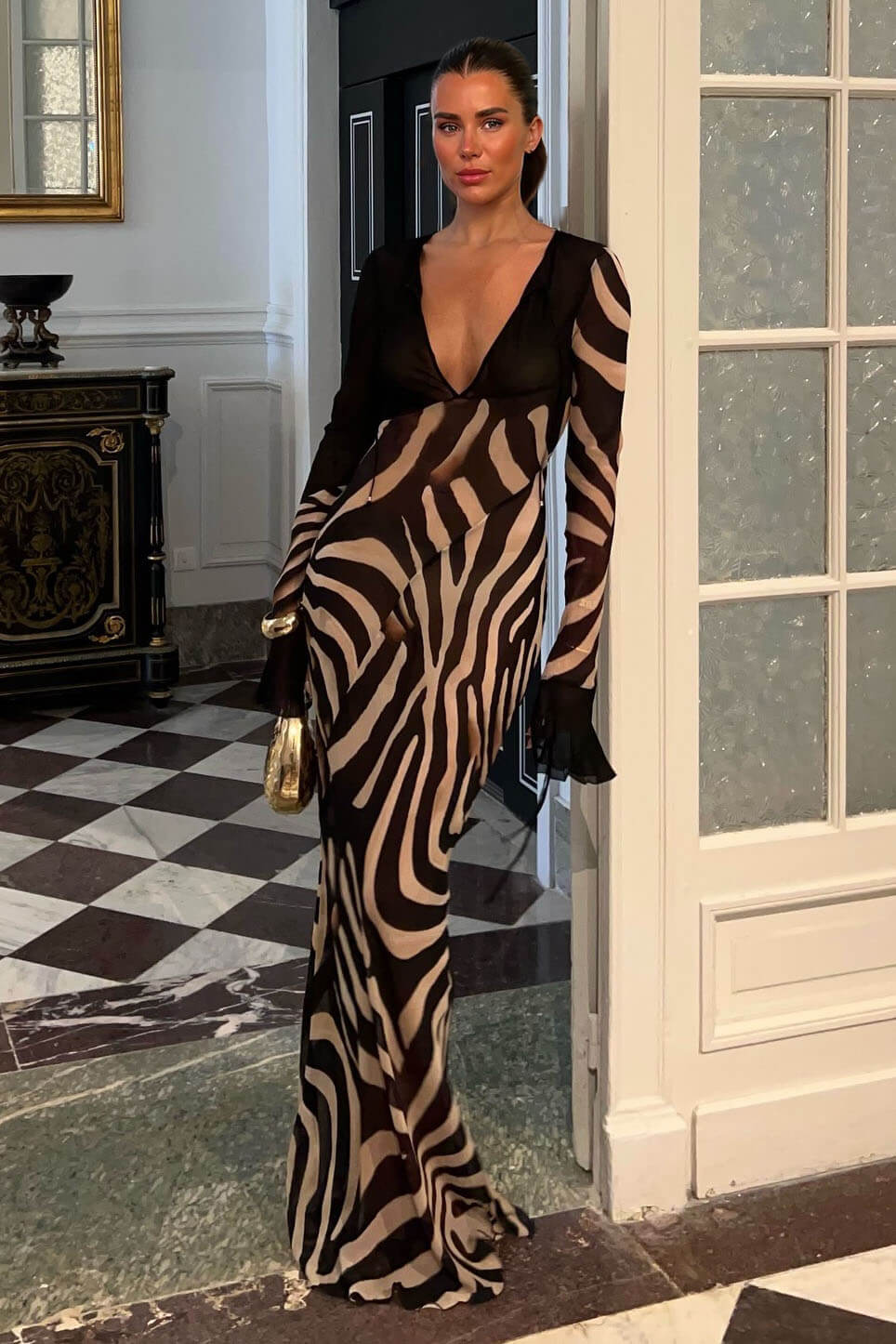 Elegant Night Chiffon Colorblock Animal Print Tie-up Long Sleeve Maxi Dress