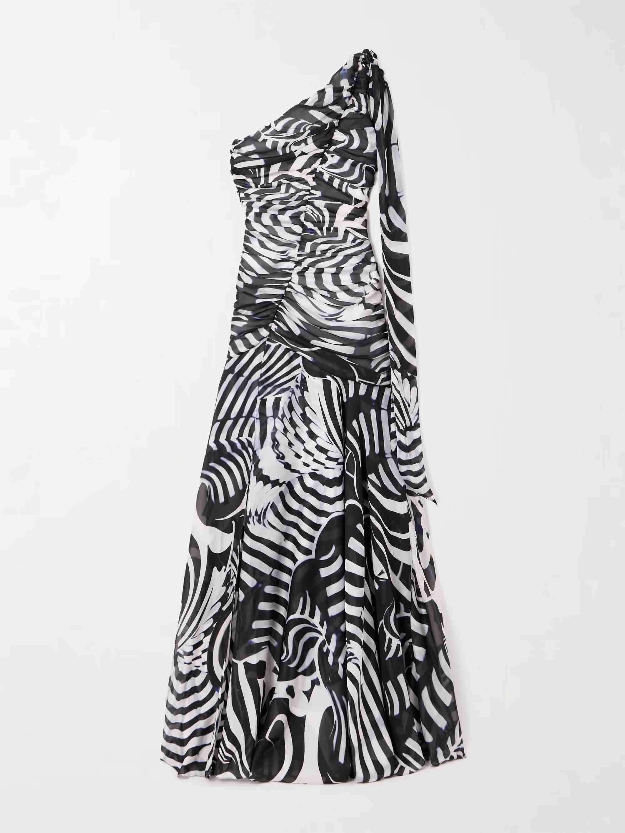 One-shoulder Animal Print Chiffon Flowy Maxi Dress