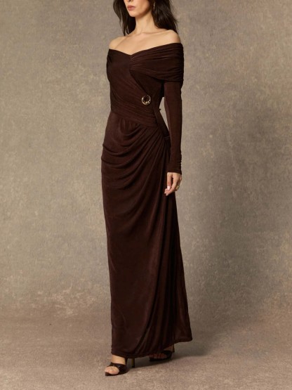 Elegant One-shoulder Pleated Knit Maxi Dress