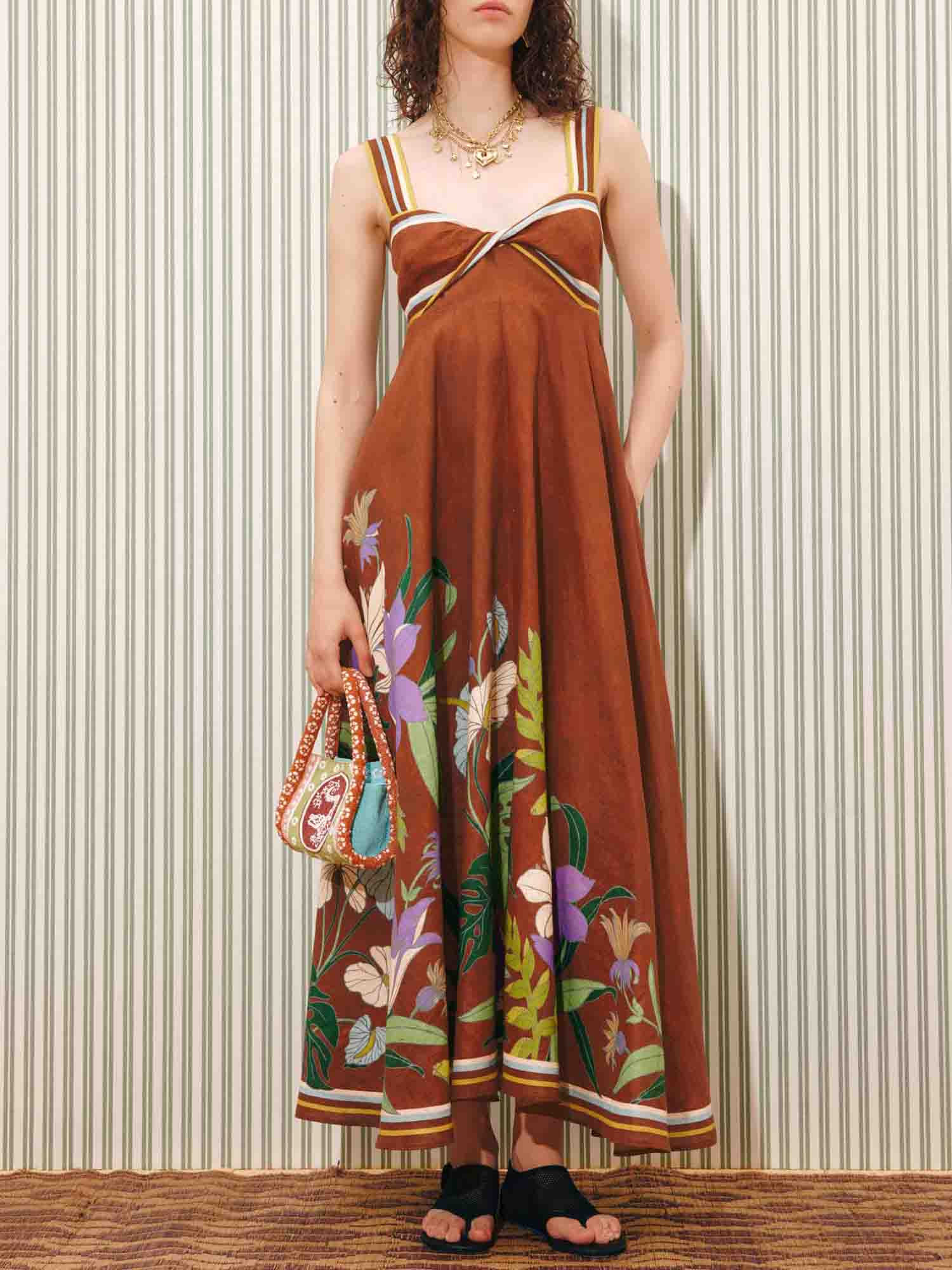 Elegant Botanical Print Strappy Maxi Dress