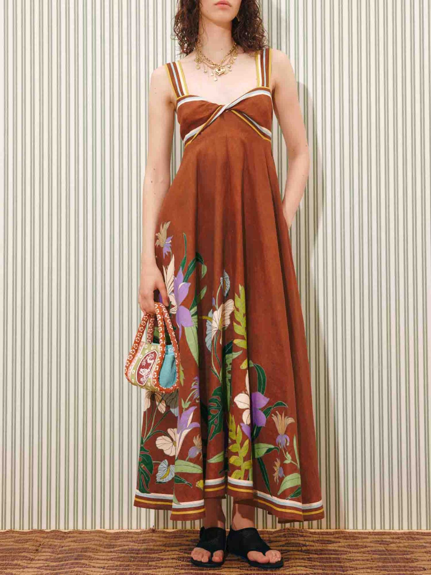 Elegant Botanical Print Strappy Maxi Dress