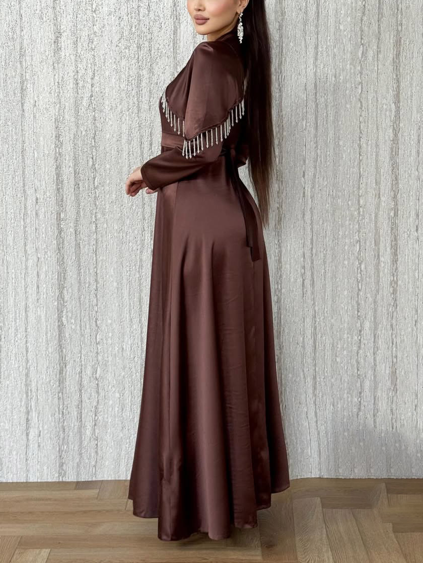 Elegant Satin Cape-Detail Long-Sleeve Maxi Dress