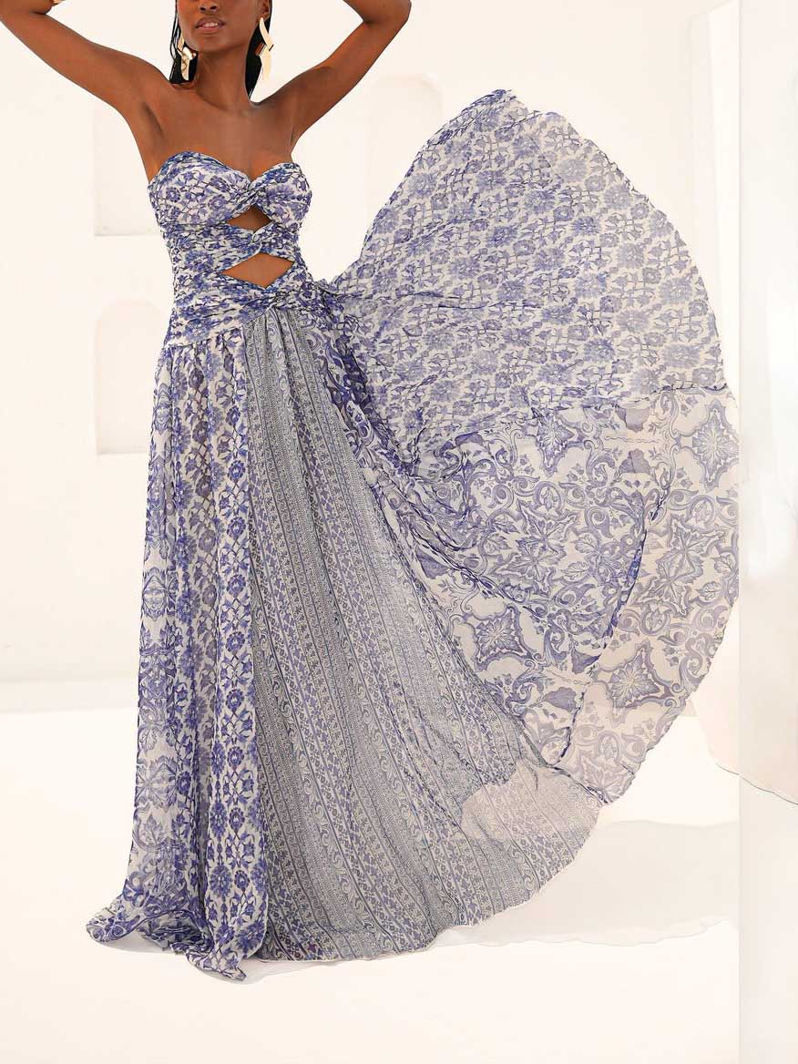 Elegant Blue Porcelain Print Cutout Maxi Dress