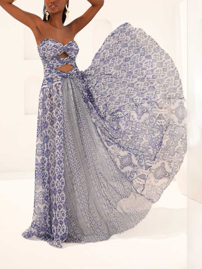 Elegant Blue Porcelain Print Cutout Maxi Dress