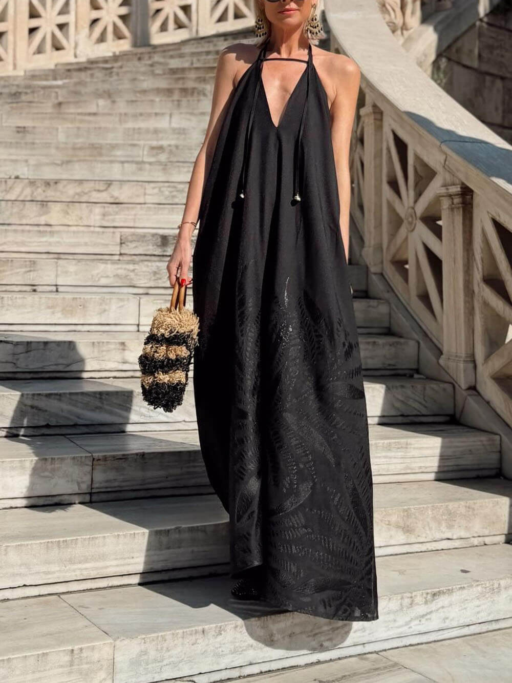 Boho Jacquard Backless Spaghetti Strap Maxi Dress