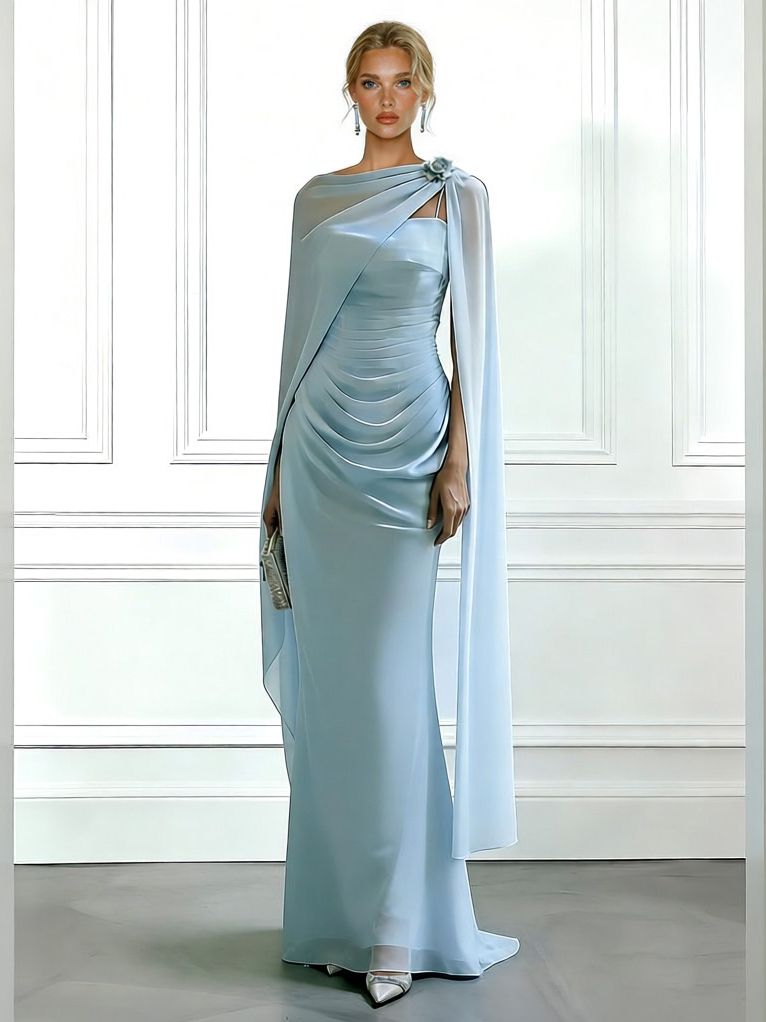 Elegant Satin Chiffon Boat Neck Shawl Fitted Maxi Dress