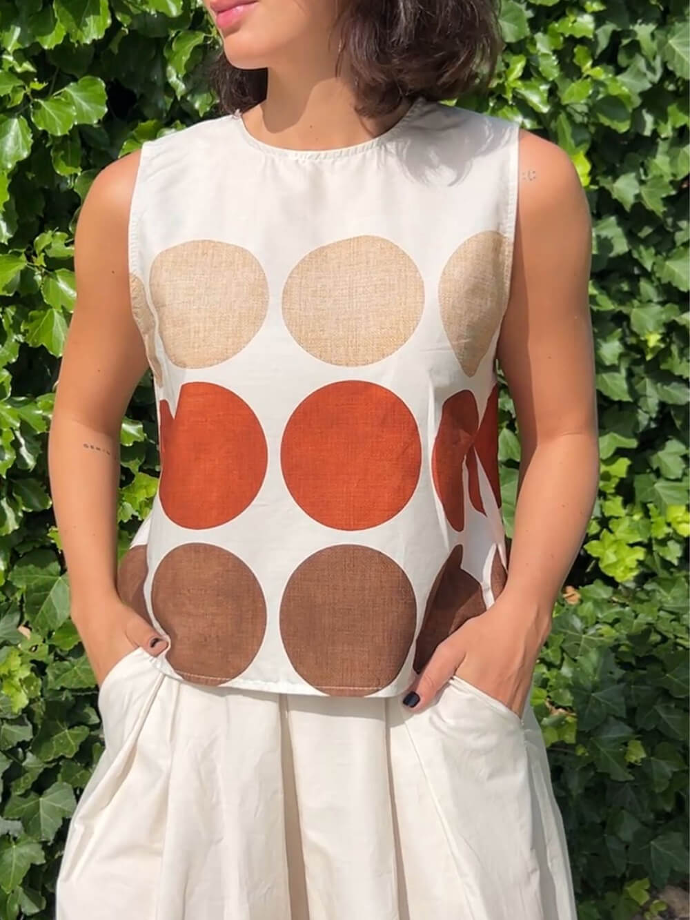 Retro Unique Round Print Pocket Pleated Flared Pants