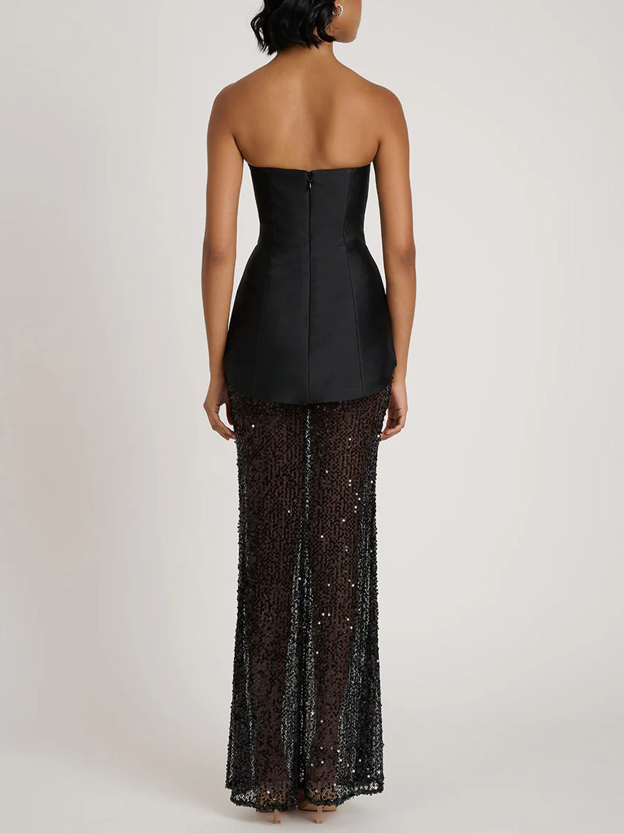 Elegant Bandeau Neck Sequined Maxi Dress