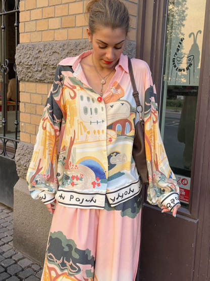 Unique Satin Landscape Print Loose Elastic Waist Pocket Wide Leg Pants