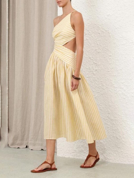 Exquisite Casual Hollow Pleated Striped Print Midi Dress