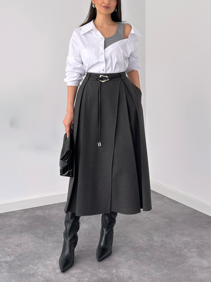 Modern Layered Shirt & High-Waisted Midi Skirt Two-Piece Set
