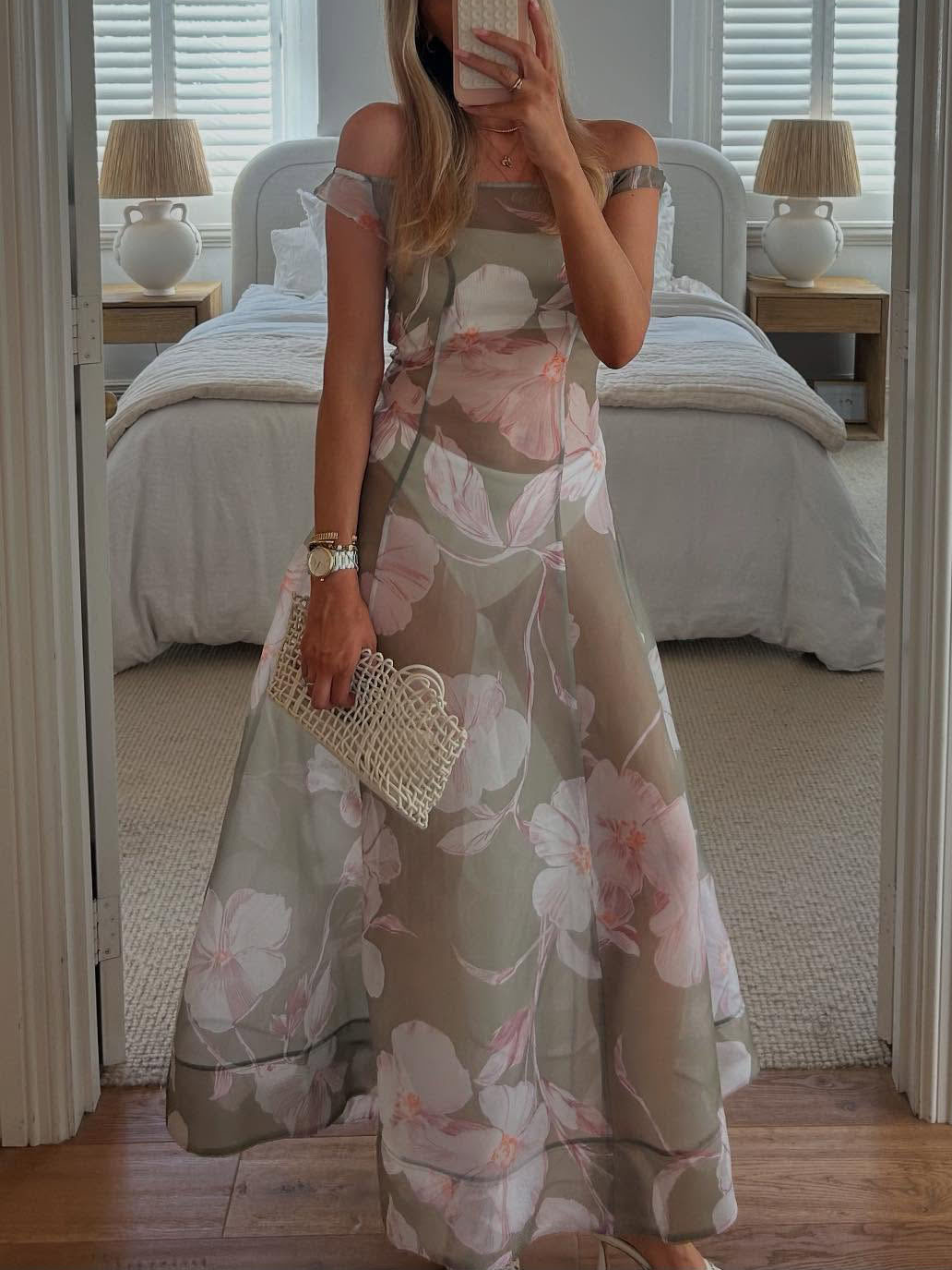 Elegant Off-Shoulder Floral Print Chiffon Maxi Dress
