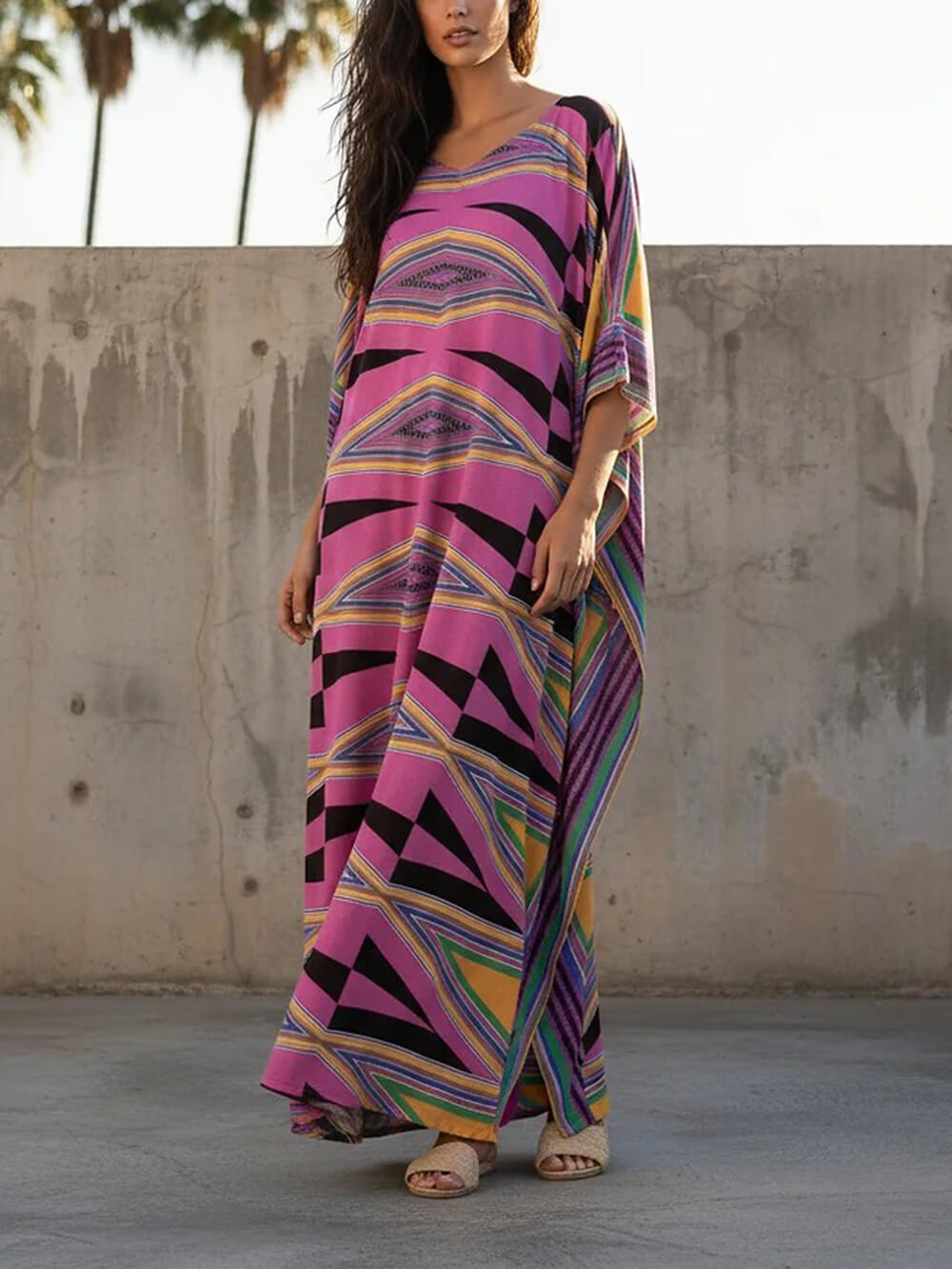 Retro Diamond Print Kimono Kaftan Beachwear Maxi Dress