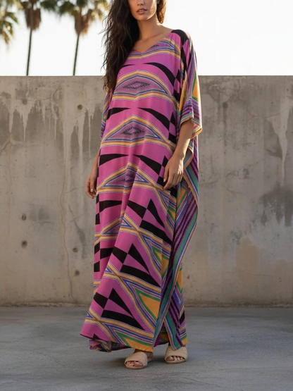 Retro Diamond Print Kimono Kaftan Beachwear Maxi Dress