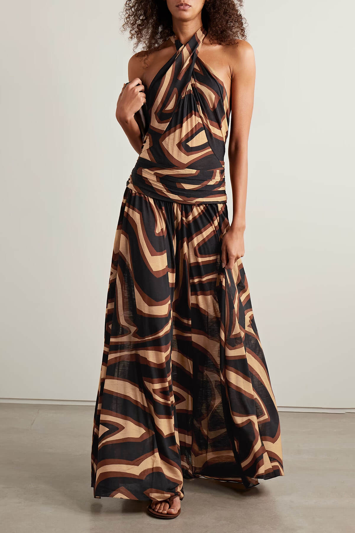 Unique Zebra Print Backless Halter Tie-Up Maxi Dress