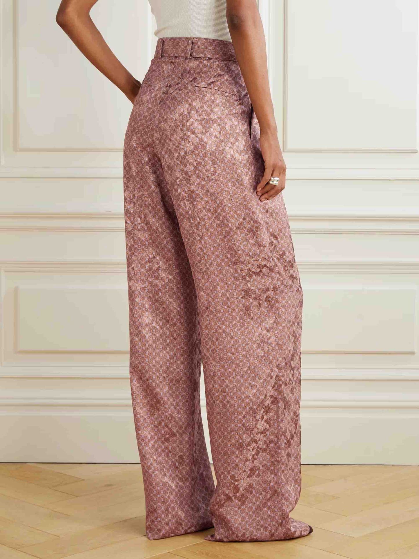Retro Exquisite Geometric Print High Waist Tie Wide Leg Pants