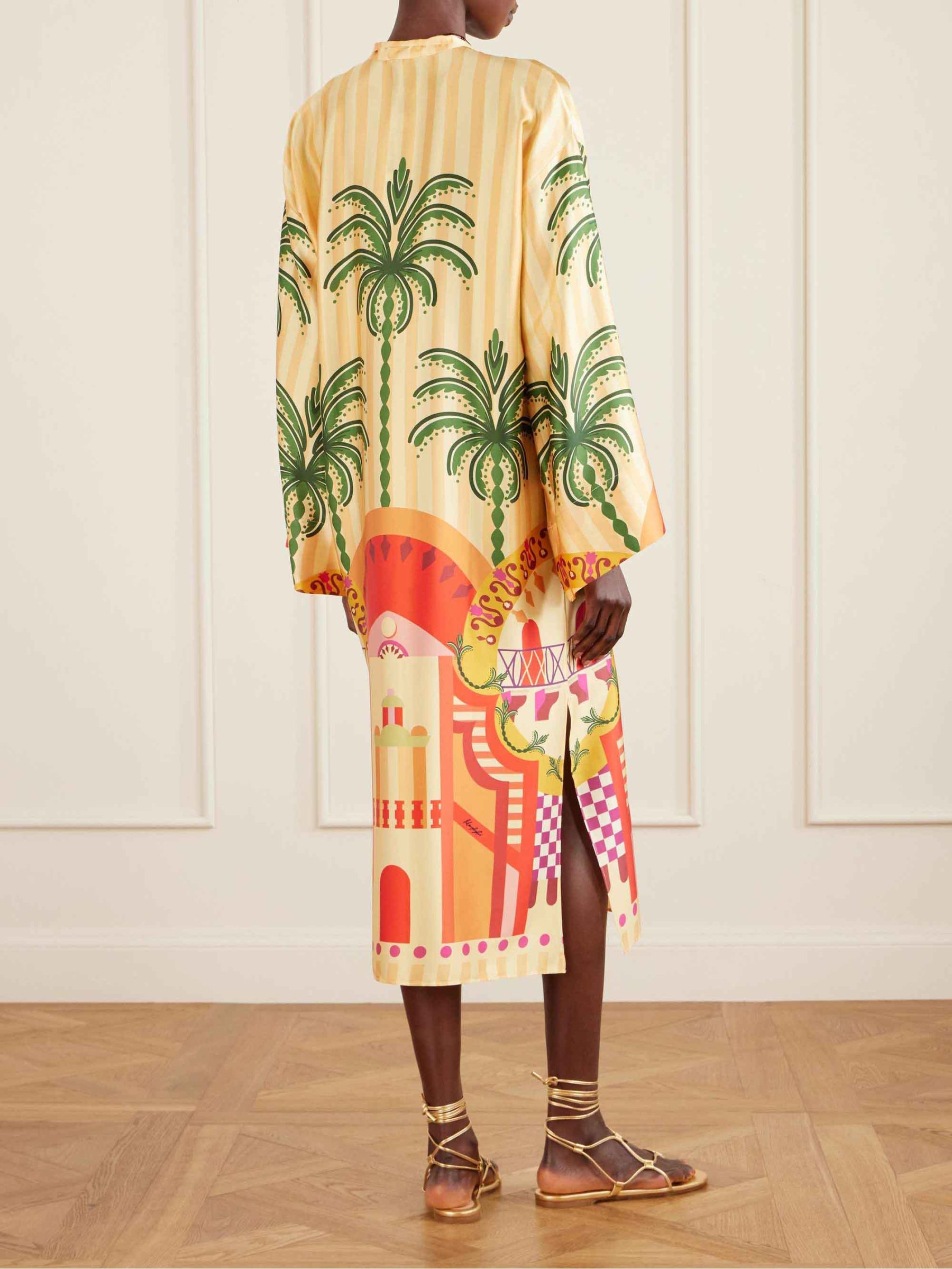 Unique Satin Palm Tree Print Loose Midi Dress