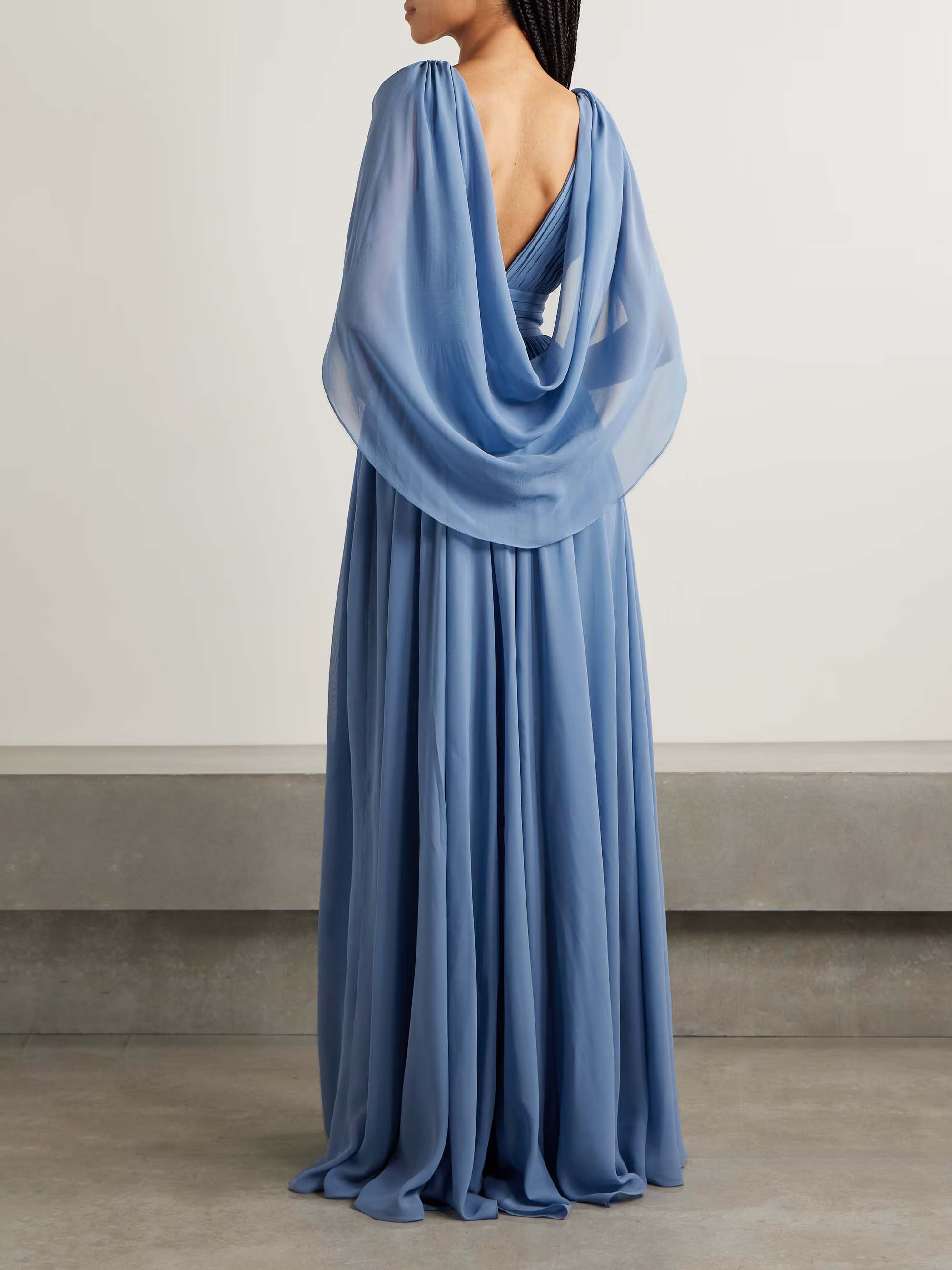 Elegant V-neck Cape Pleated Maxi Dress