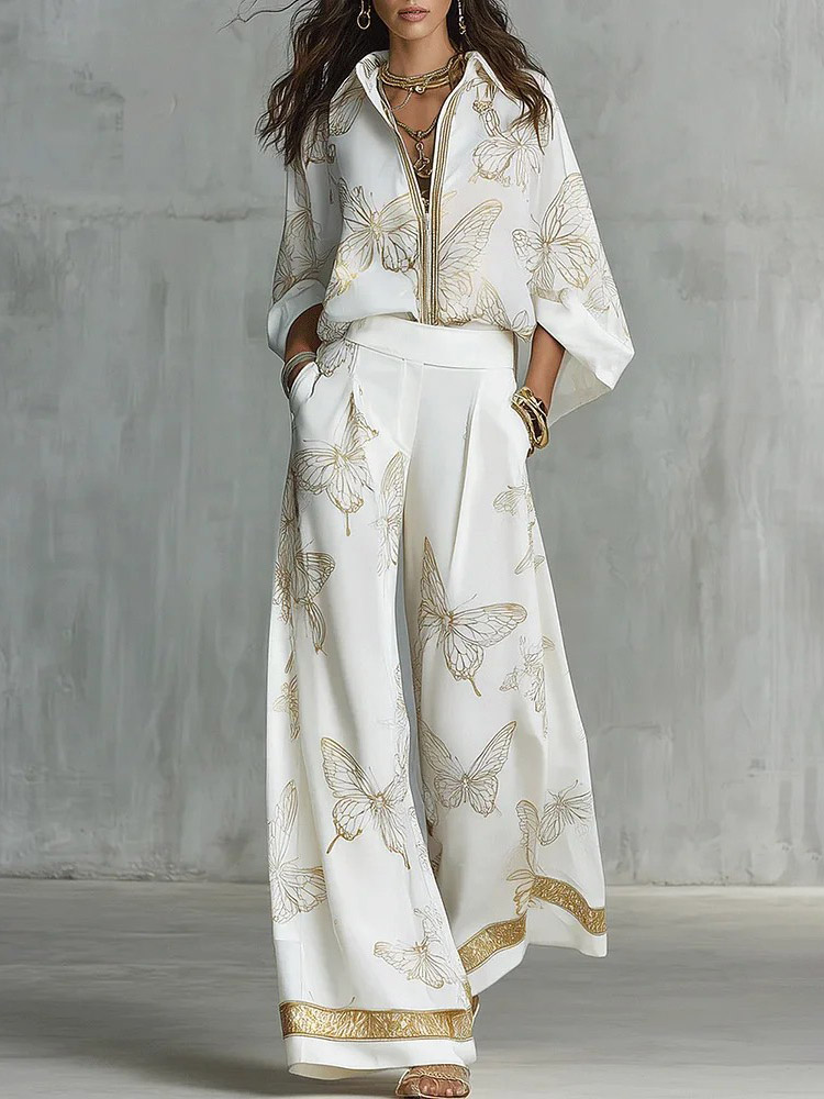 Elegant Butterfly Print Zip-Up Top & Wide Leg Pants Set