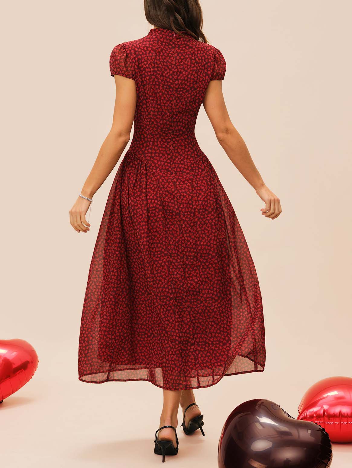 Retro Floral Pleated Flowy Midi Dress