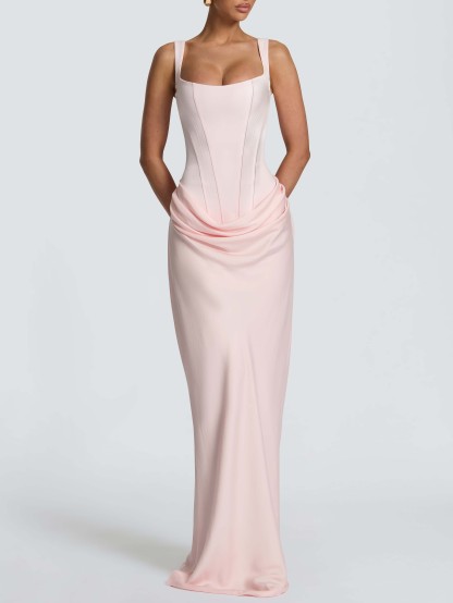 Elegant Square Neck Cinched Top & Ruched Waist Draped Maxi Dress