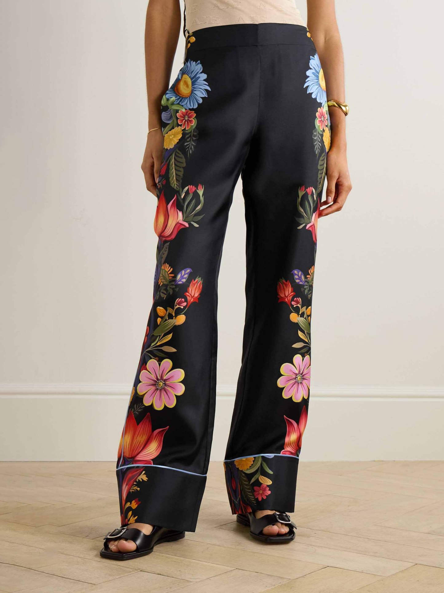 Exquisite Satin Floral Print Contrast Piping Wide-Leg Pants