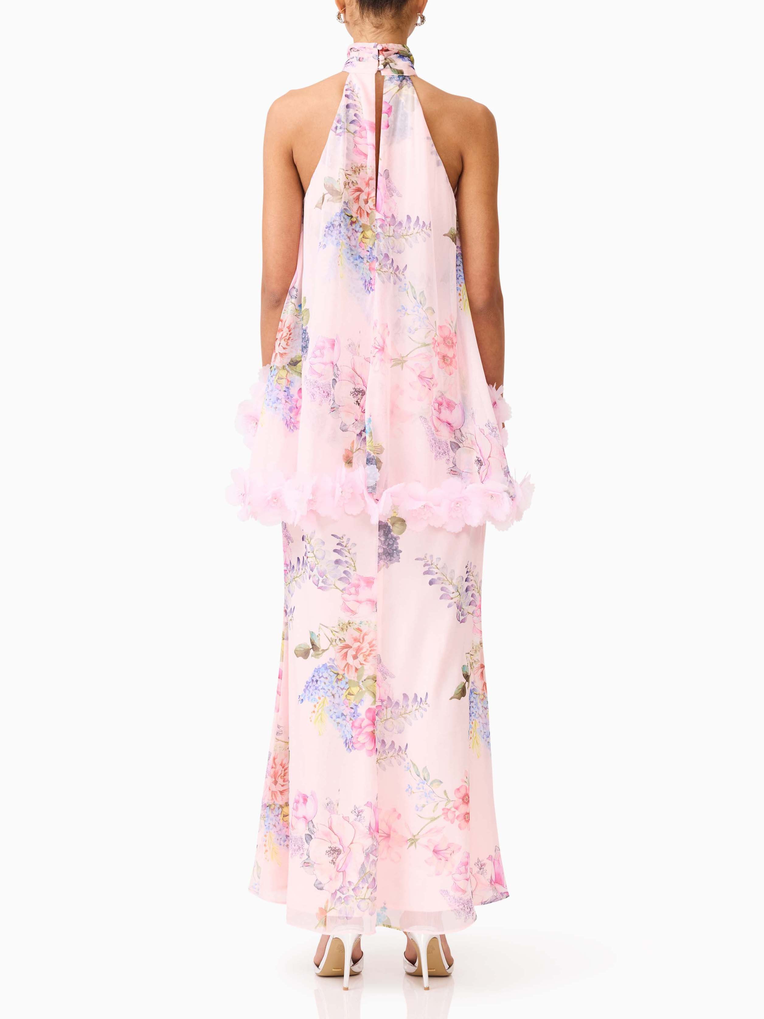 Elegant Pink Floral Applique Halter Maxi Dress
