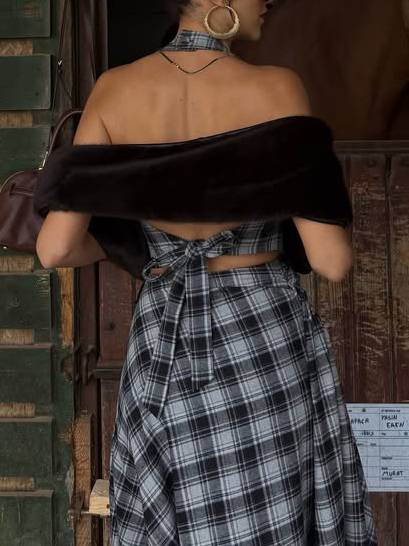 Retro Plaid Slit Skirt Two-piece Set