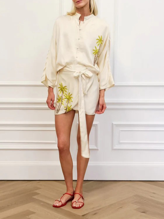 Casual Floral Embroidered Shirt & Wrap Skirt Set