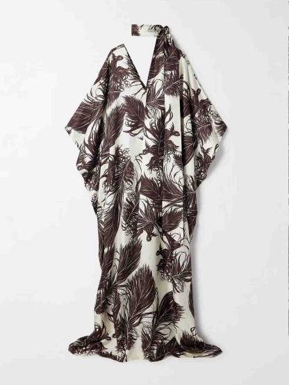 Elegant Satin Feather Print Batwing Sleeve Maxi Dress