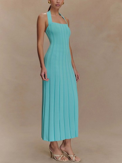 Elegant Halter Neck Ribbed Knit Midi Dress