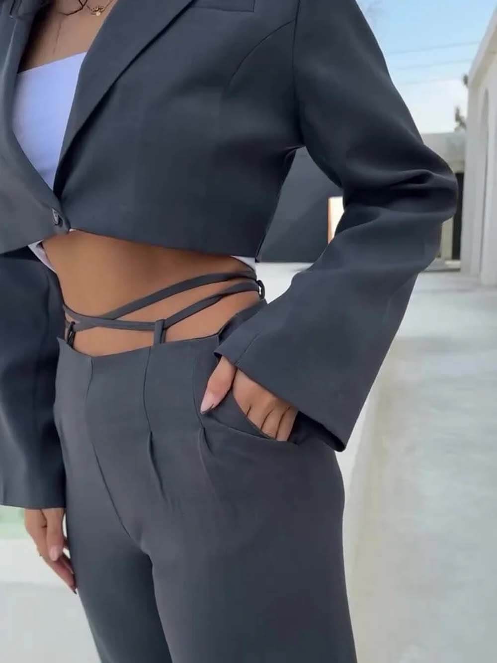 Unique Fashion Tie-Waist Pocket Wide-Leg Pants