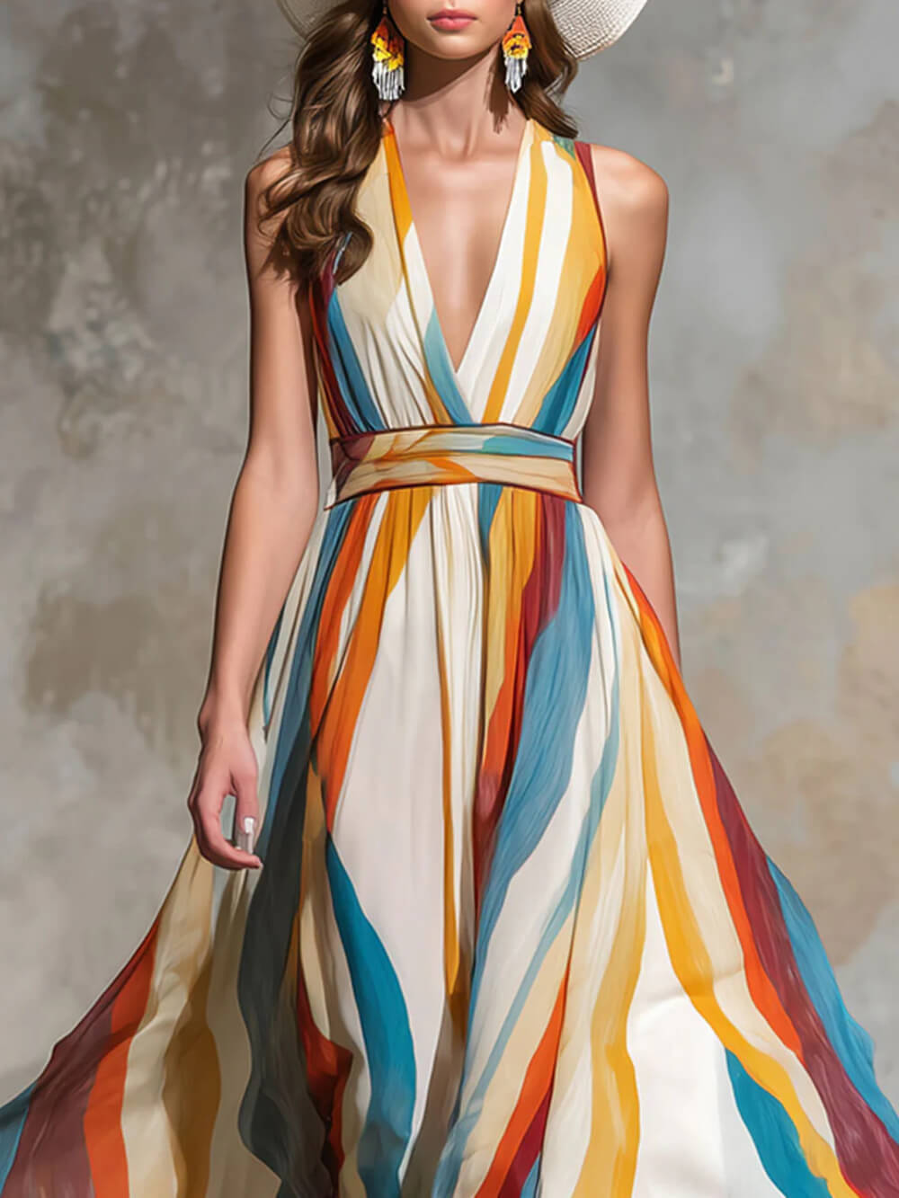 Retro Rainbow Striped Chiffon Sleeveless Maxi Dress