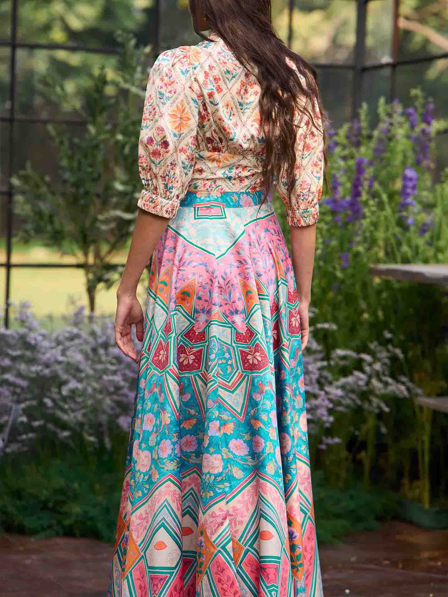 Bohemian Geometric Print Tie-Front Top & Skirt Two-Piece Set