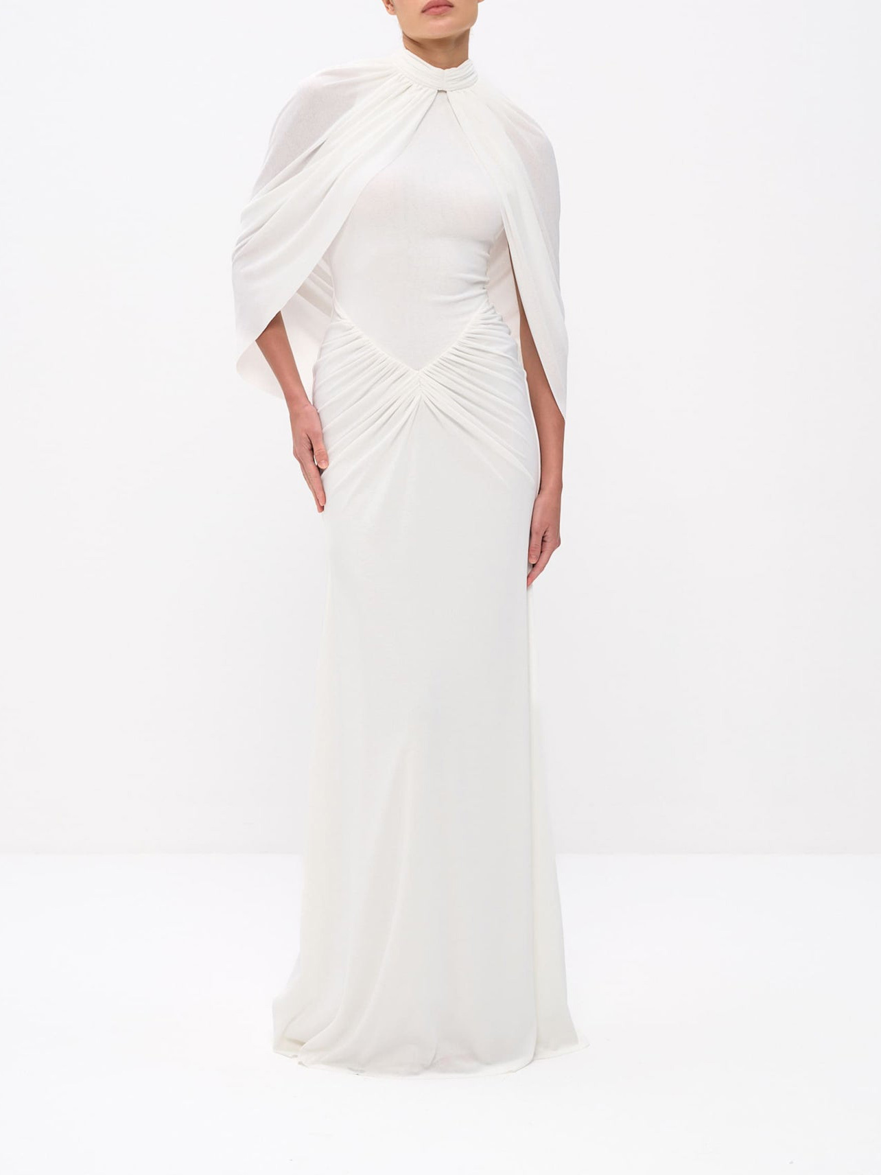 Elegant Cape Sleeve High Neck Pleated Maxi Dress