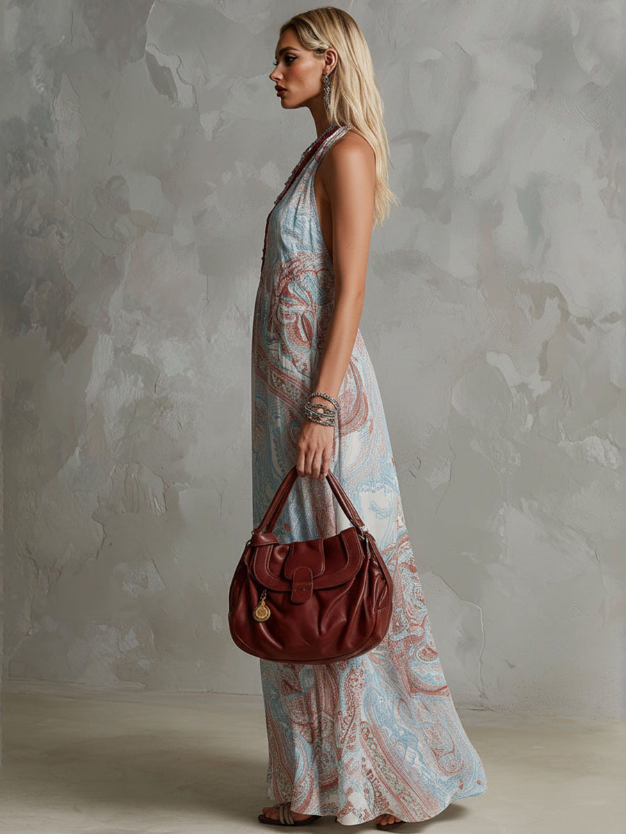 Retro Ethnic Print Sleeveless Chiffon Maxi Dress