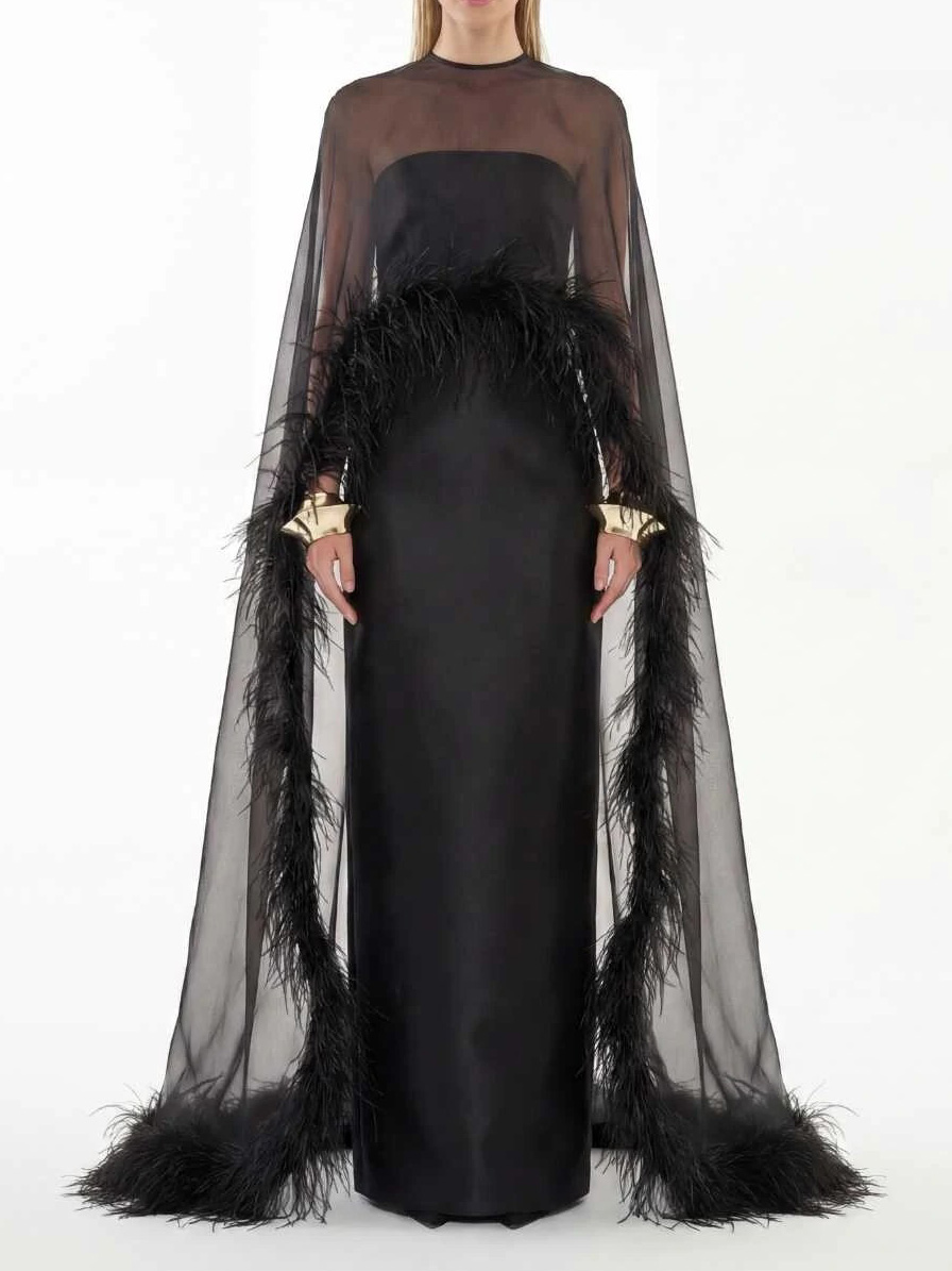 Elegant Sheer Chiffon Shawl Black Satin Maxi Dress