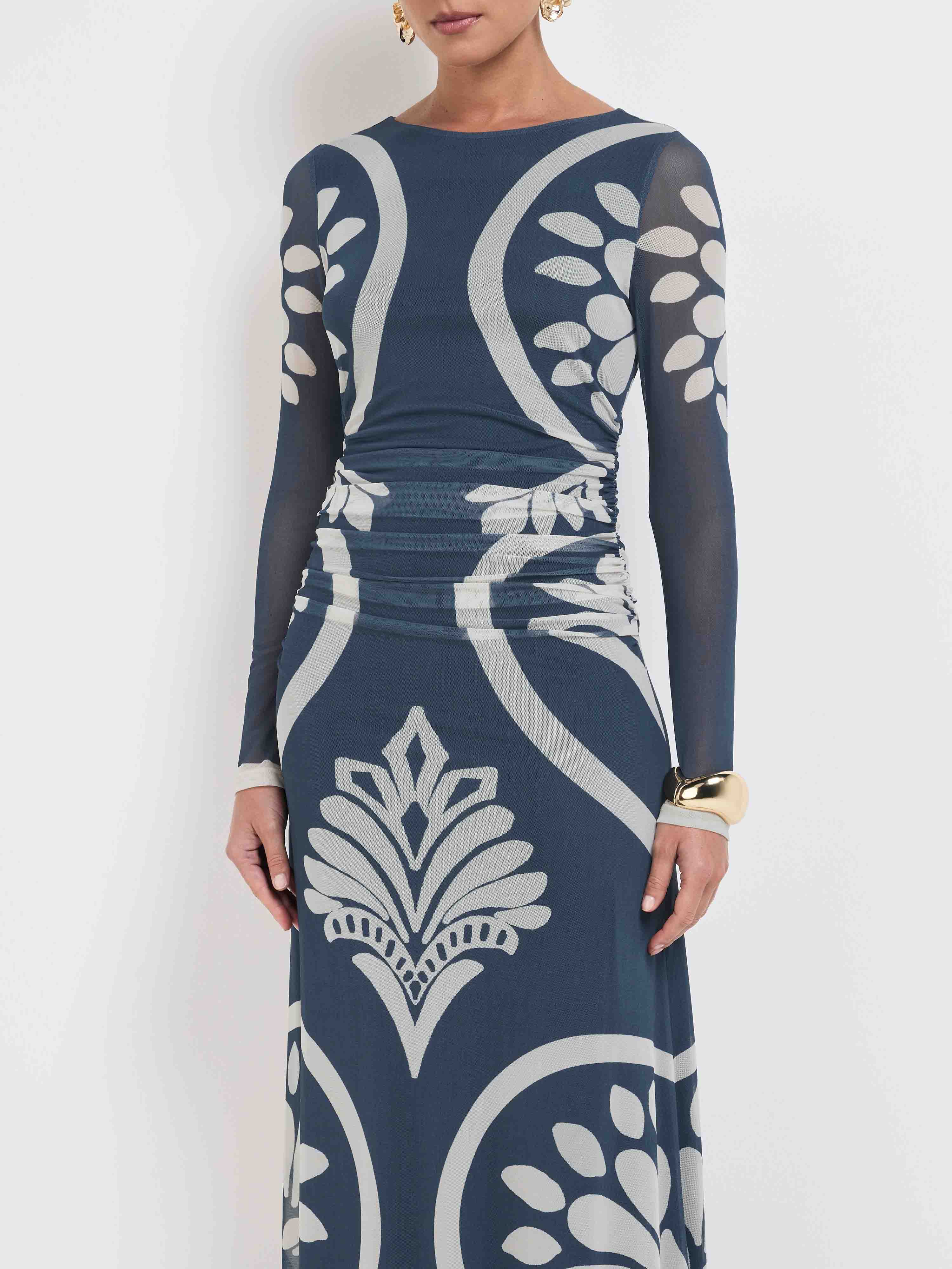Elegant Floral Geometric Print Mesh Maxi Dress