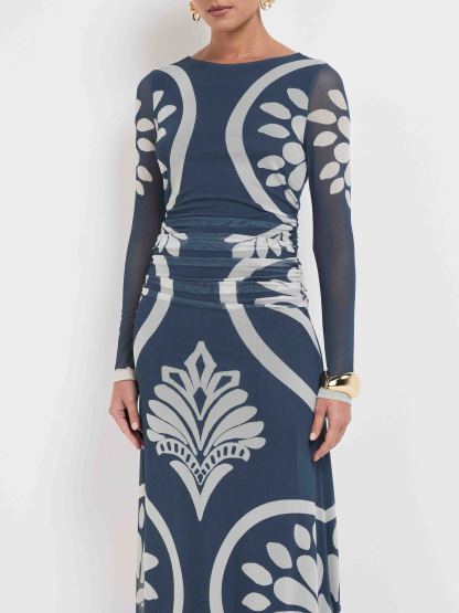 Elegant Floral Geometric Print Mesh Maxi Dress