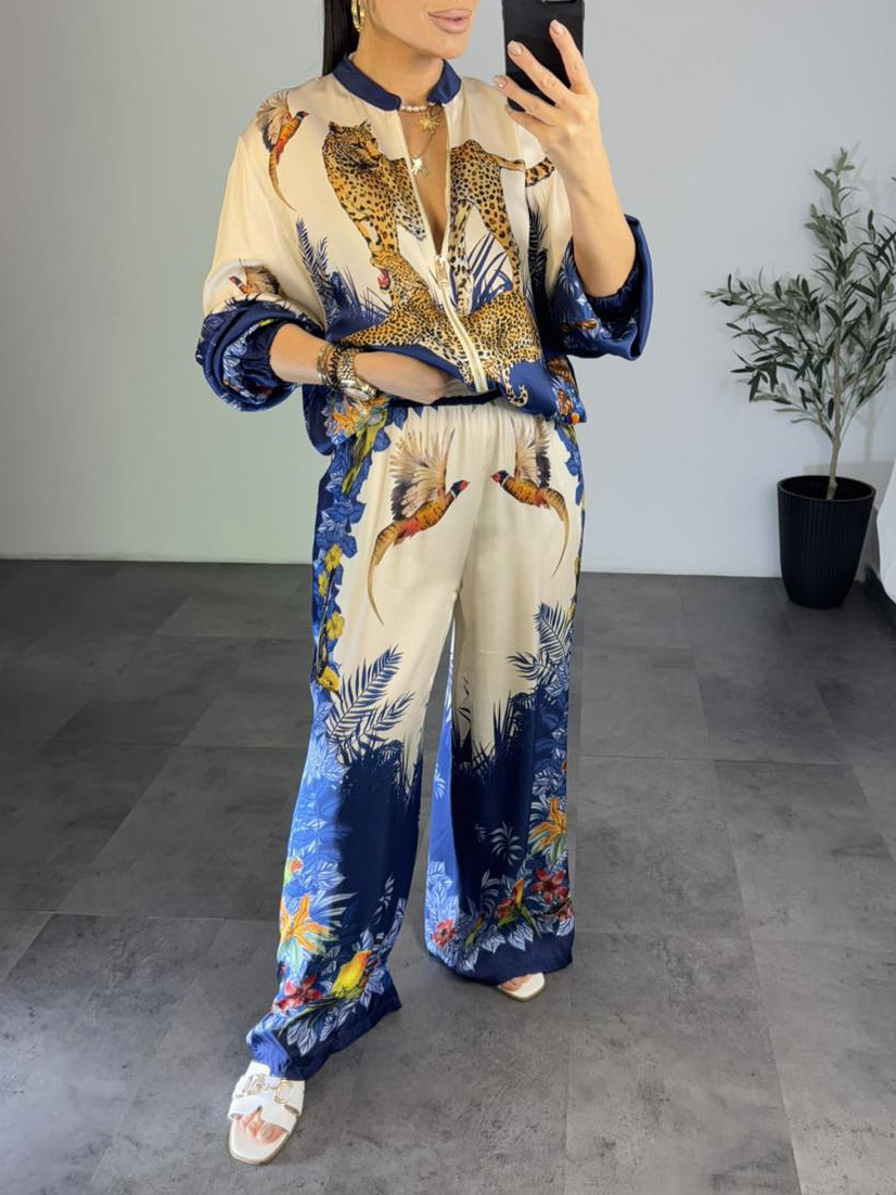 Exotic Jungle Print Zip-Up Shirt & Wide Leg Pants Set