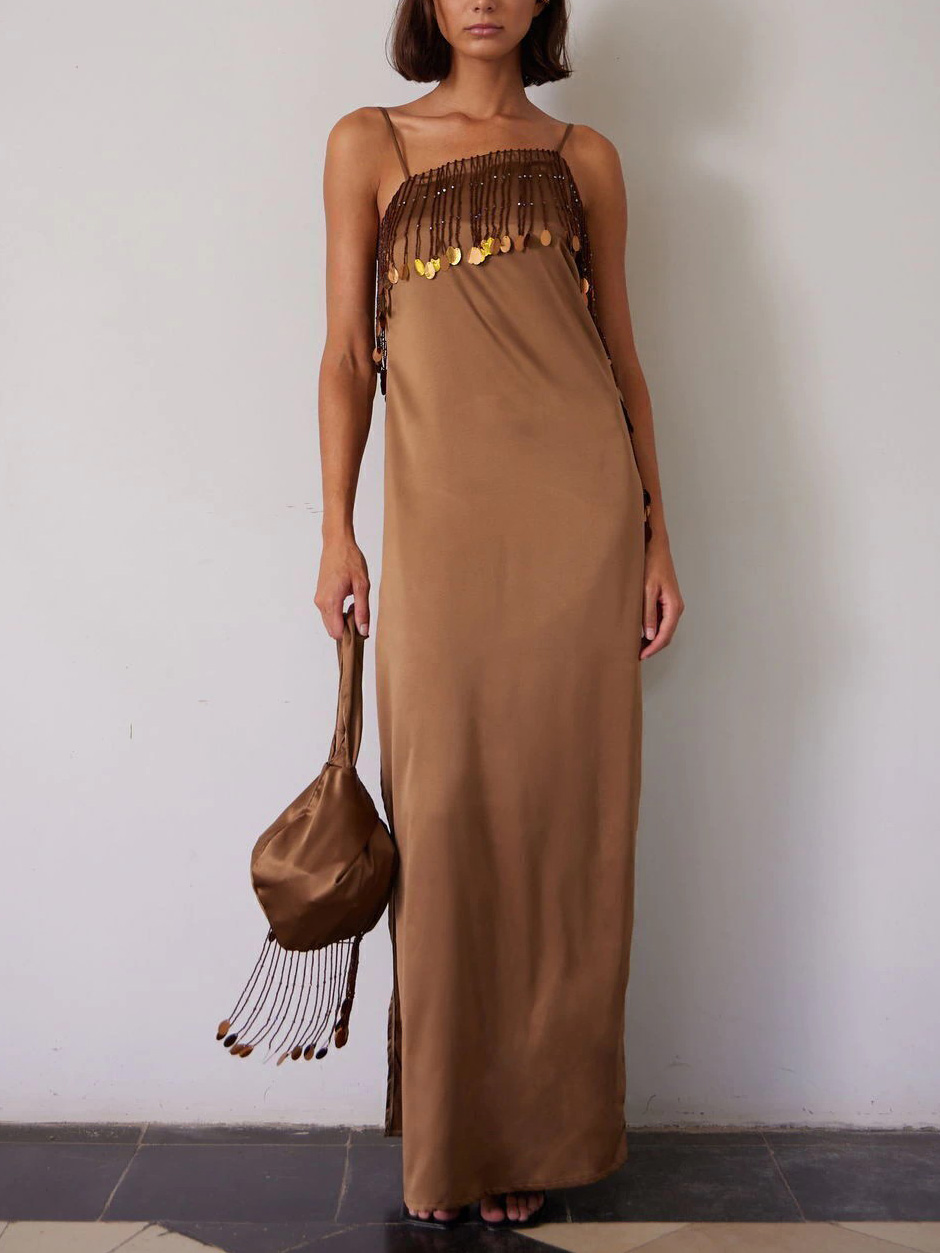 Elegant Sequin Fringe Satin Maxi Dress