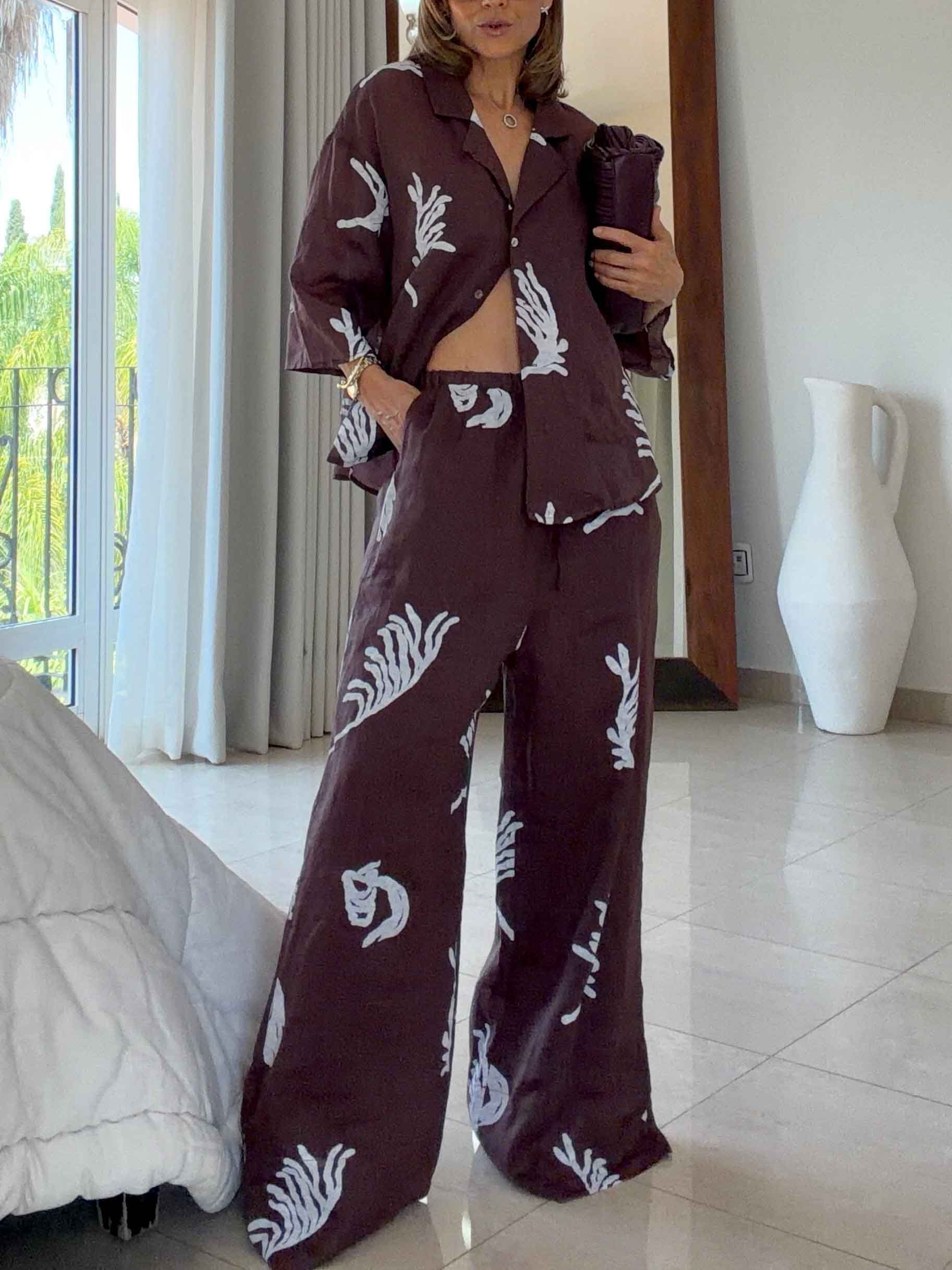 Exquisite Tropical Leaf Print Shirt & Pants Two-Piece Set