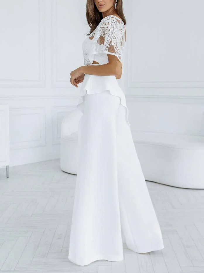 Elegant One-shoulder Lace Shawl Slit Pants Wide-leg Two-piece Set