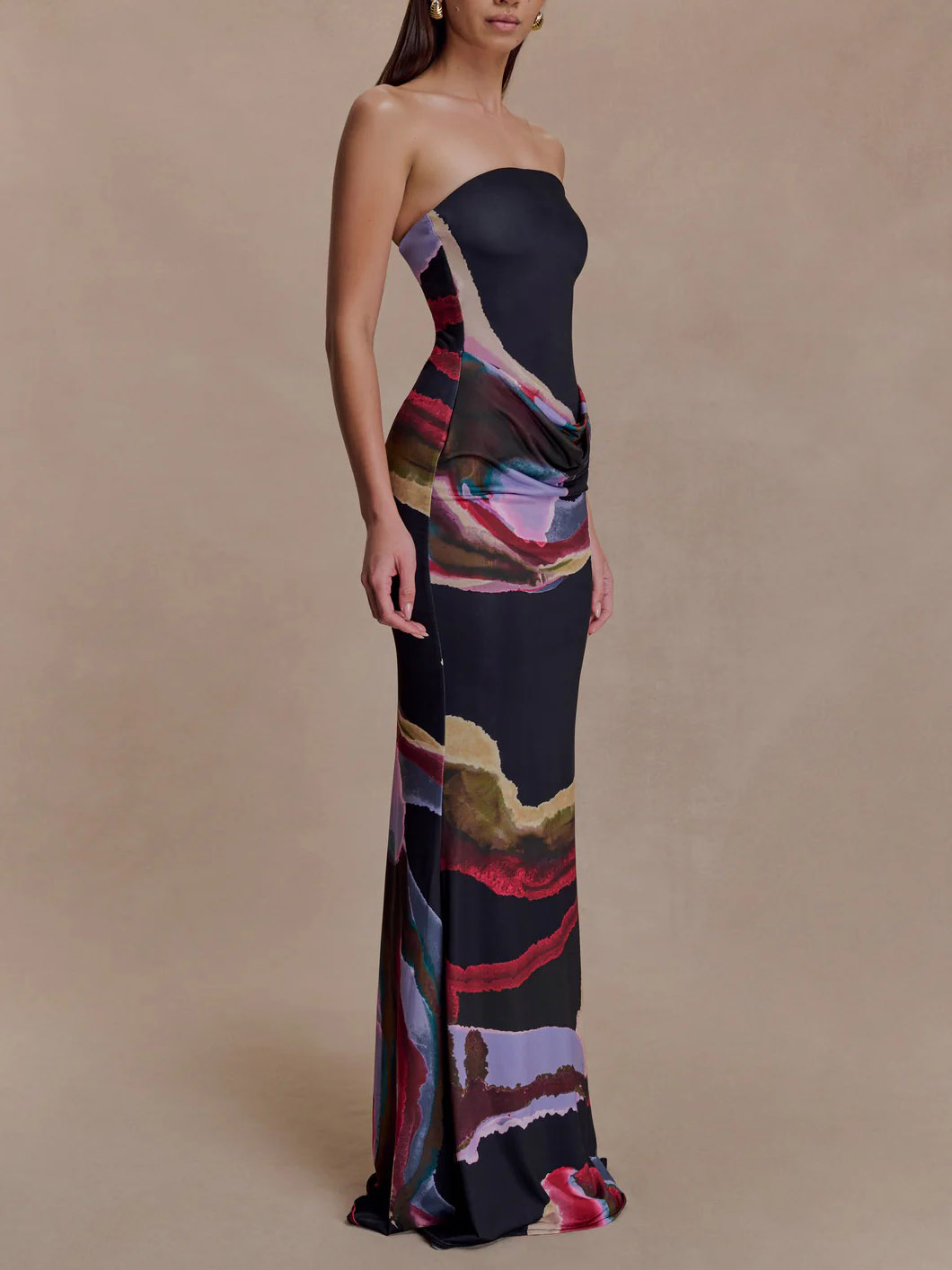 Exquisite Strapless Abstract Print Bodycon Maxi Dress