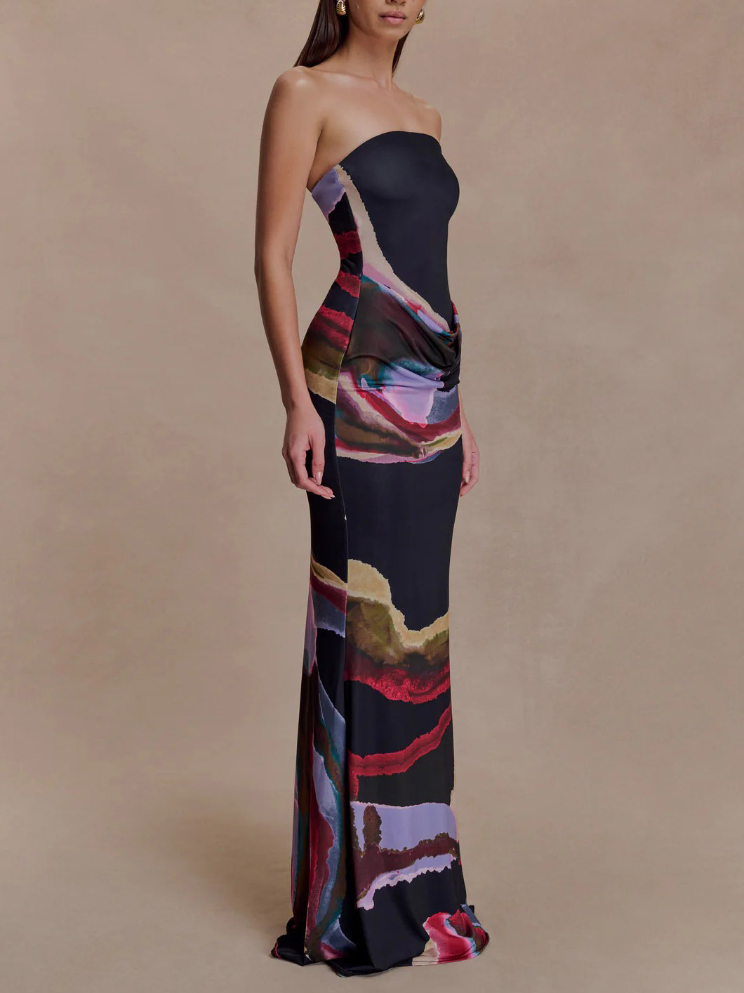Exquisite Strapless Abstract Print Bodycon Maxi Dress