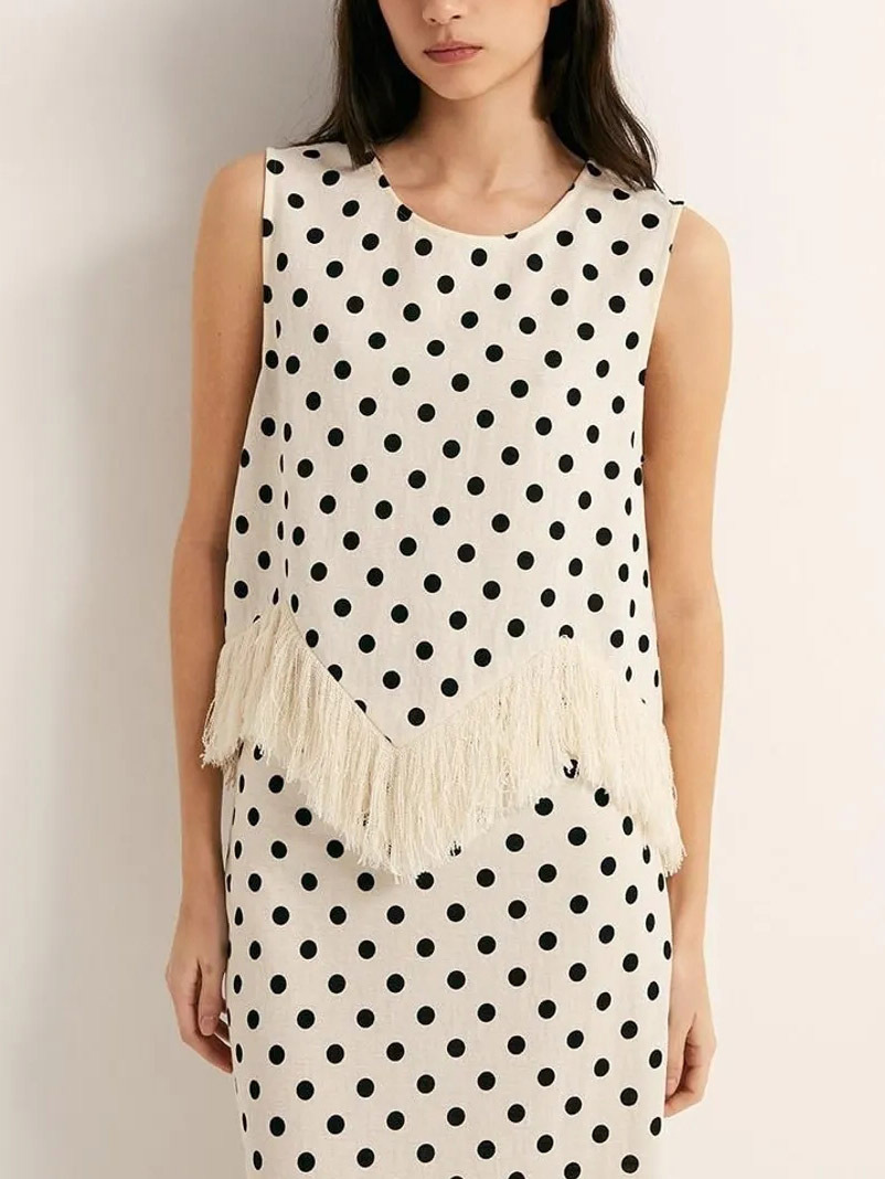 Elegant Polka Dot Fringed Asymmetrical Skirt Two-Piece Set